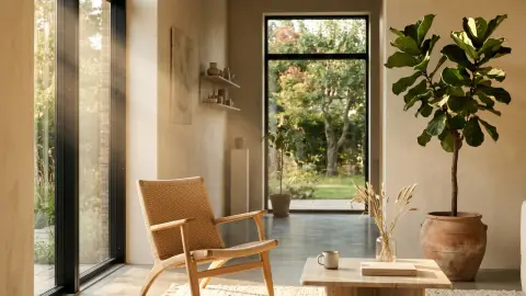 Reference: warm minimal interior with a cane chair and fig tree